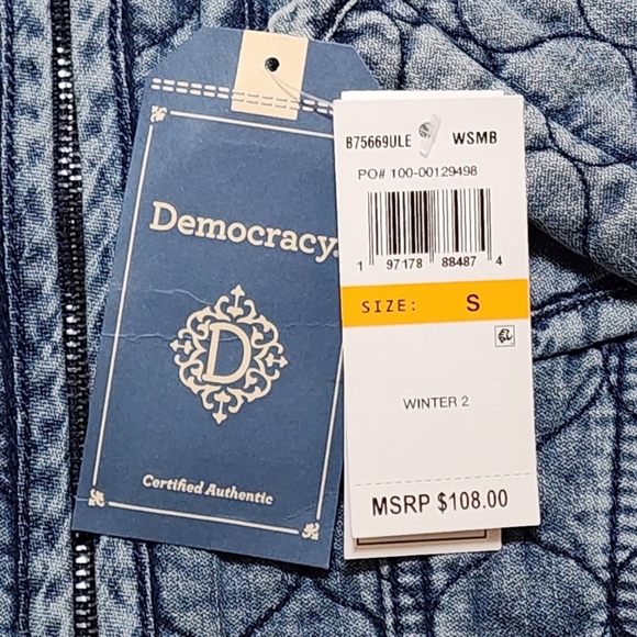 Democracy Quilted Denim Jacket Puff Long Sleeve Peplum Hem In Washed Mid Blue S. - Picture 4 of 12